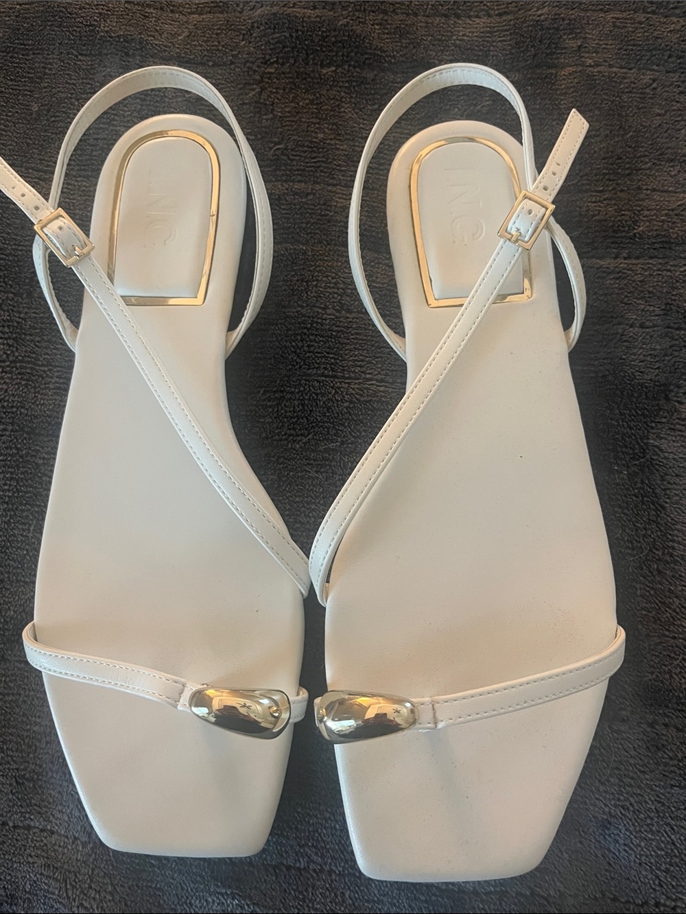 INC International Concepts White Square-Toe Slingback Sandals with Gold Accent
